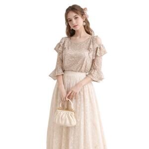 Carolina Belle Montreal Tan Lace Top Ruffled Stretch Bell Sleeves Romantic  XL